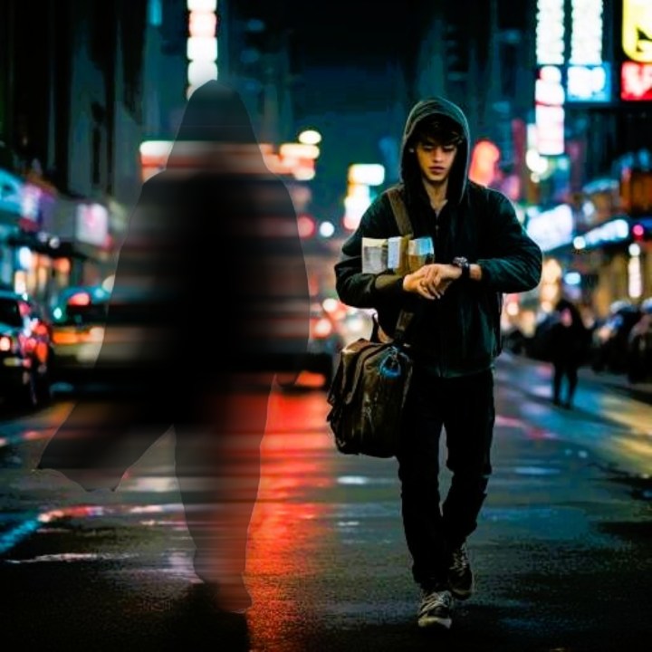 A young person in a hoodie walking down a city street at night, looking at their watch, with a blurred shadowy figure following behind.