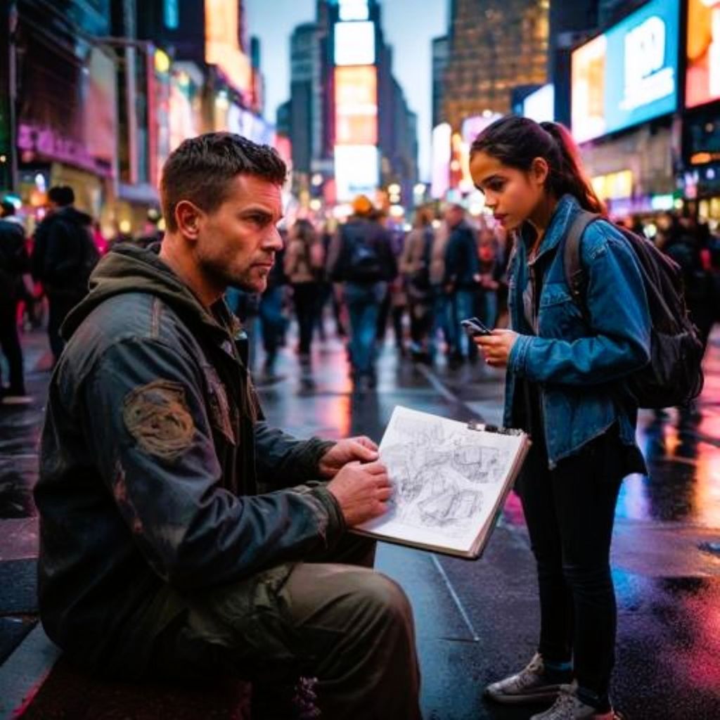 A man sitting on the street in Times Square sketches designs in a notebook while a young woman stands beside him, looking at the drawings. The scene is illuminated by colorful neon lights and reflects a bustling urban environment.