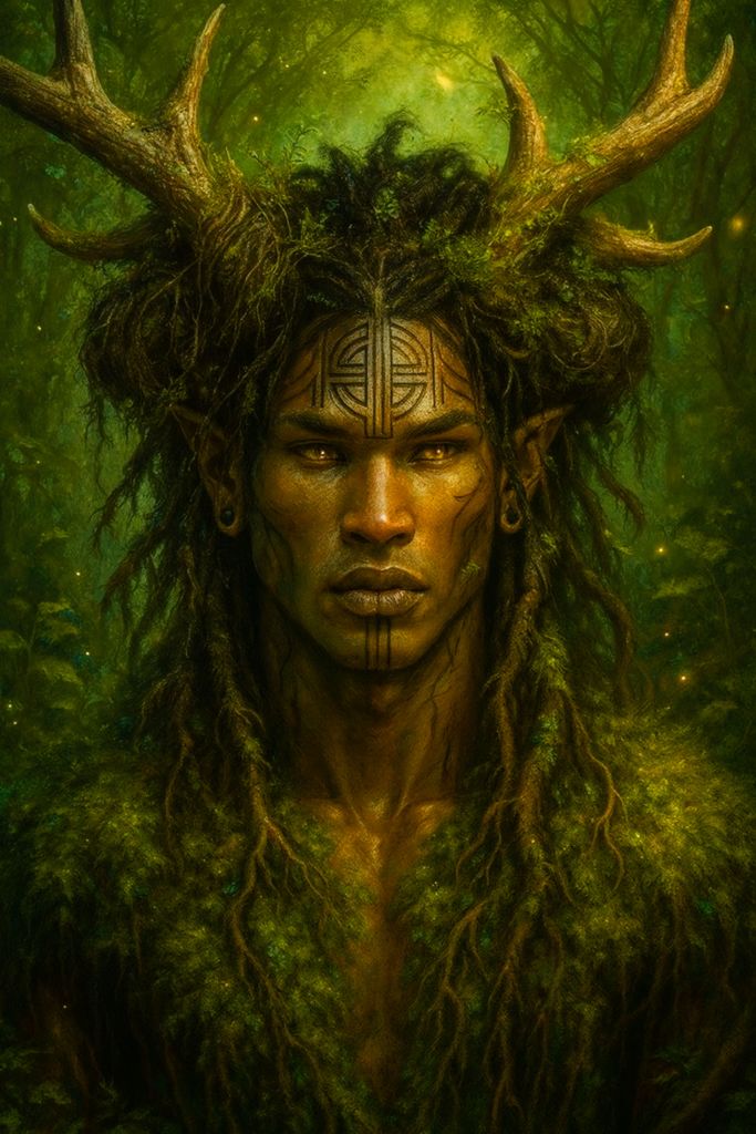 A mystical figure with antlers and intricate markings on their face, surrounded by dense, green foliage, giving a sense of connection to nature.