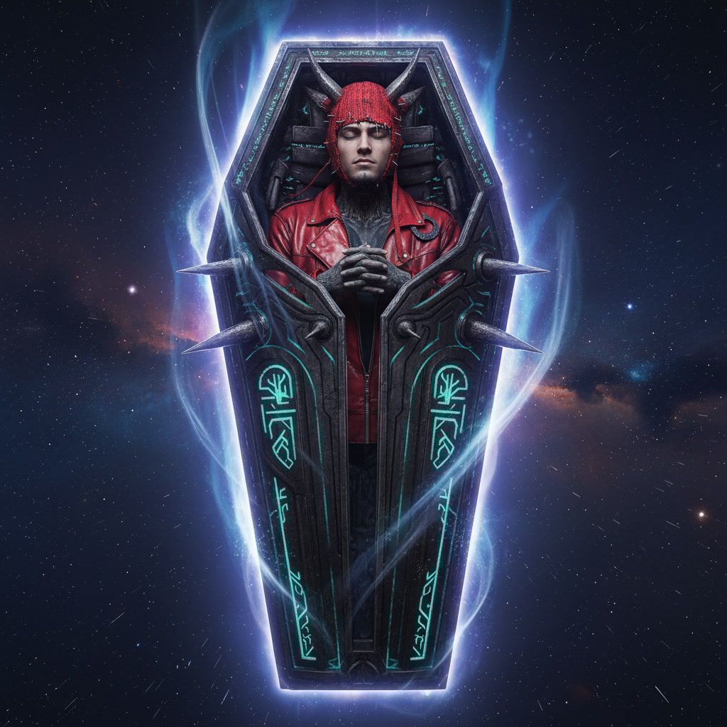 A figure dressed in a red jacket and knit cap is suspended inside a neon-spiked sarcophagus, surrounded by a cosmic background. The vessel glows with intricate patterns, representing forgotten runes, while the figure's hands are clasped, channeling cosmic frequencies.