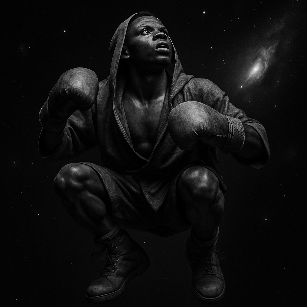 A black and white image of a male boxer squatting in a cosmic background, looking upwards with a determined expression, wearing boxing gloves and a hooded robe.