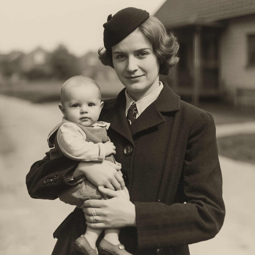 A vintage black and white photograph of a young woman holding a baby, both looking directly at the camera. The woman wears a dark coat and a hat, while the baby is dressed in a light outfit. In the background, there are blurred outlines of houses.