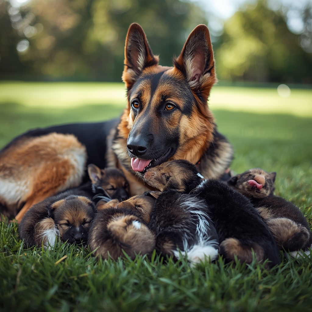 A German shepherd lies in the grass surrounded by a litter of sleeping puppies, showcasing maternal warmth and affection.