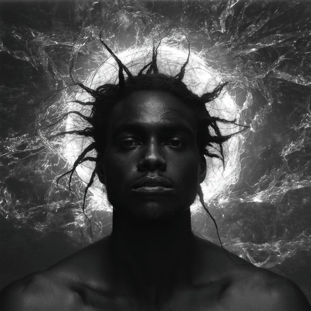 A portrait of a man with unique, spiky hair, set against a glowing, abstract background. The image has a dramatic black and white aesthetic, highlighting the contours of his face and upper body.