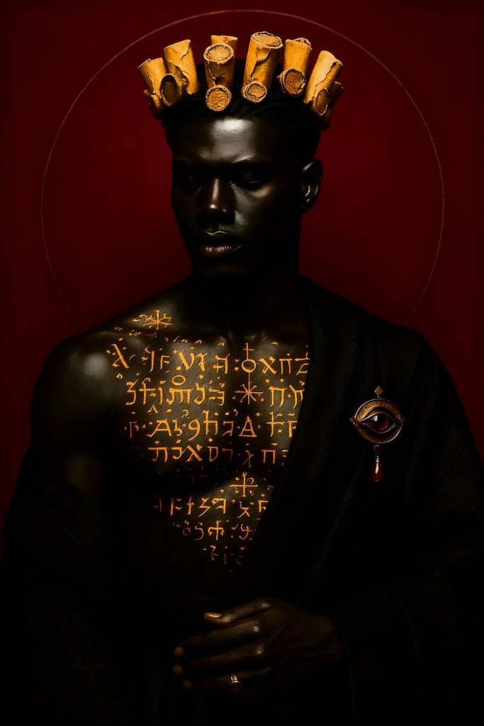 A figure with a dark skin complexion, crowned with scroll-like structures, adorned with glowing symbols on their chest, wearing a black cloak, and holding a brooch featuring an eye.