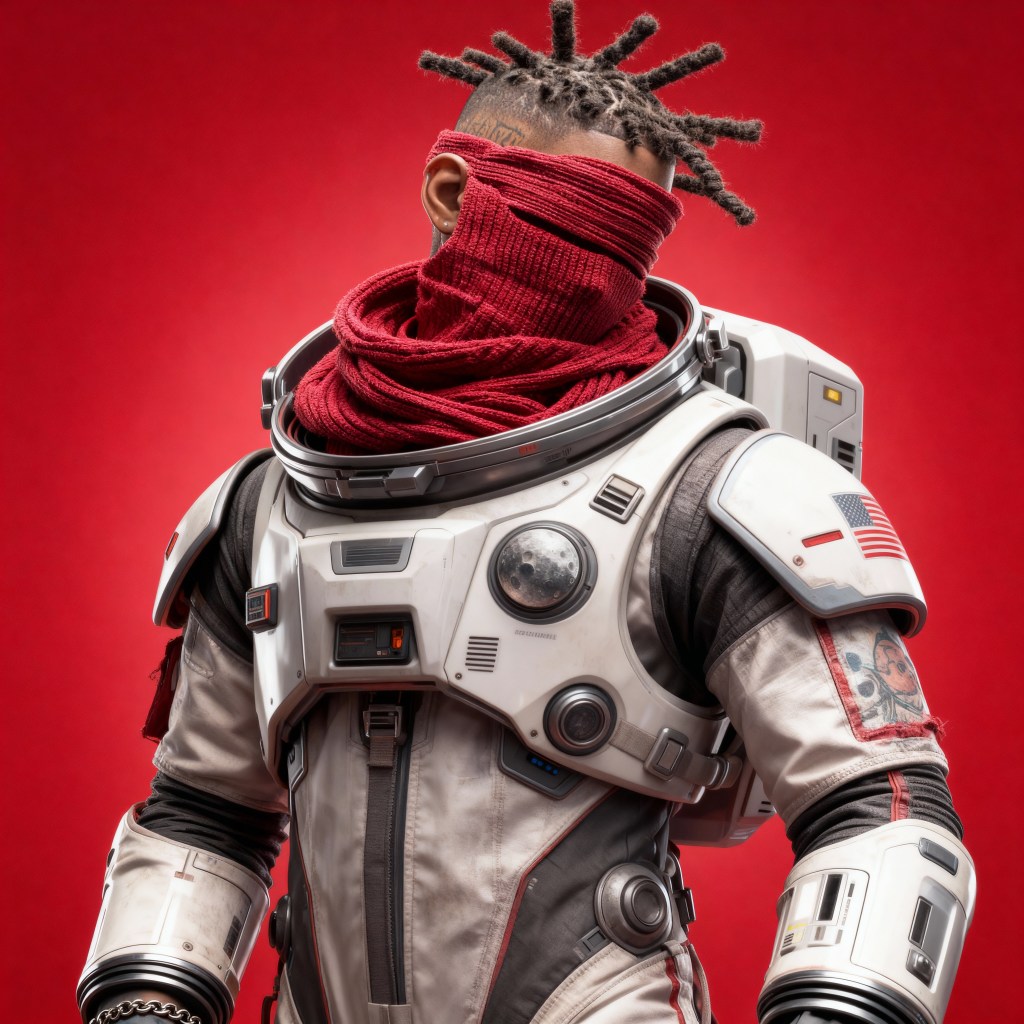 An astronaut in a spacesuit stands against a red background, layers of a red scarf covering their face, showcasing the suit's details like the American flag and various technological elements.