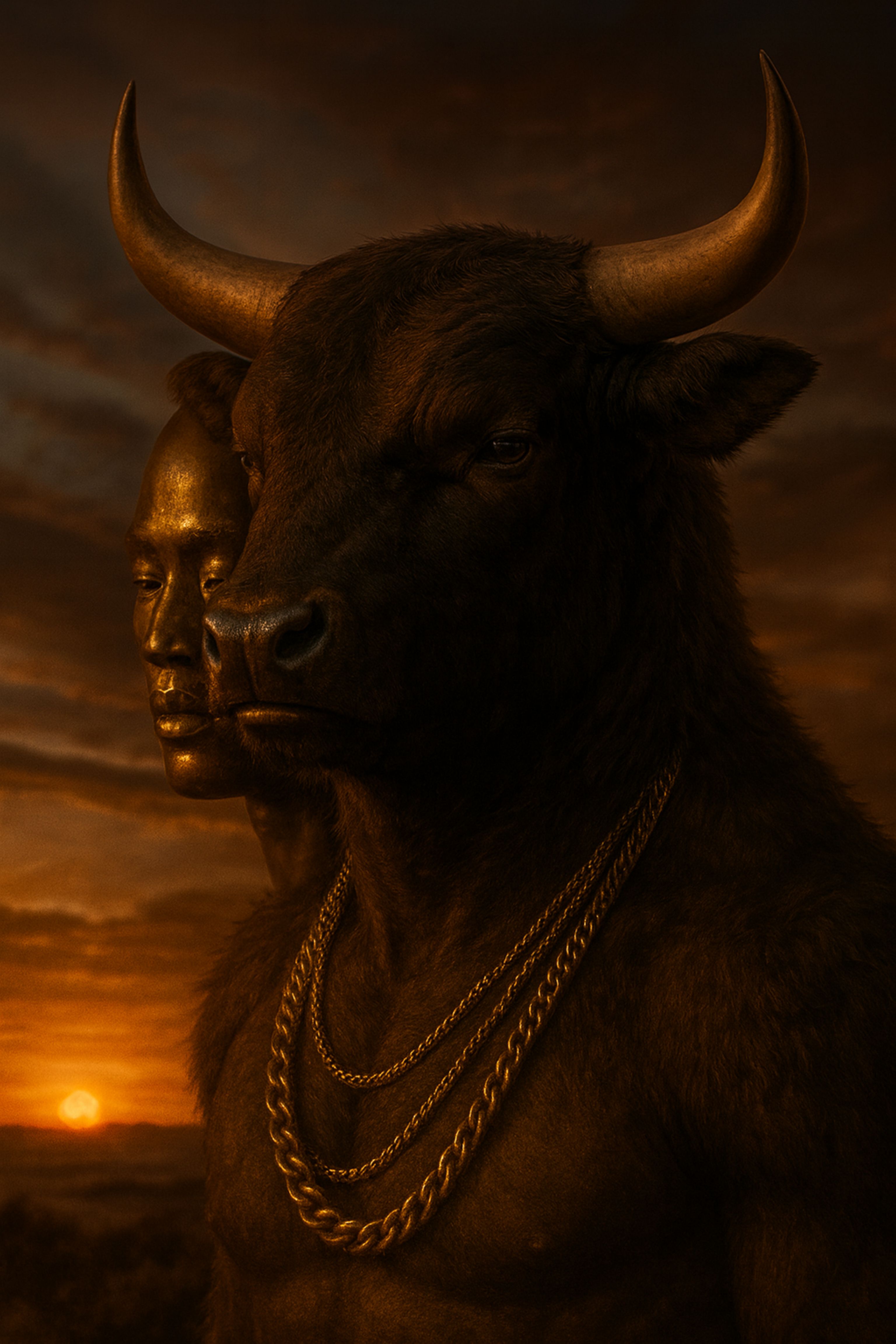 A mythological creature, Taurus, a bull-human hybrid, stands against a twilight backdrop. His powerful physique is adorned with gold chains, and beside him is a golden, serene face, representing the Golden Shadow. The sunset casts an amber hue over the scene, emphasizing the ethereal quality of their companionship.