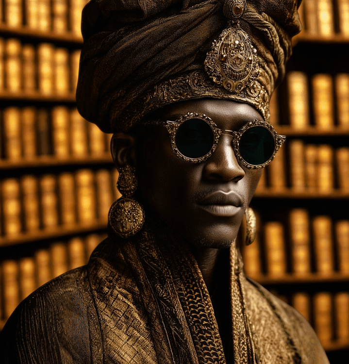 A regal figure dressed in golden robes and accessories stands in front of a bookshelf filled with books, wearing dark sunglasses and a decorative headdress.