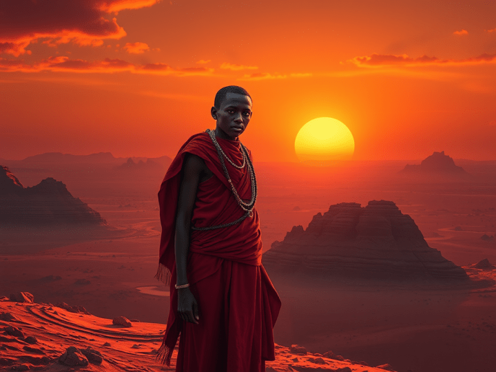 A young person wearing traditional red attire stands against a vibrant sunset in a desert landscape, featuring rocky formations and an expansive horizon.
