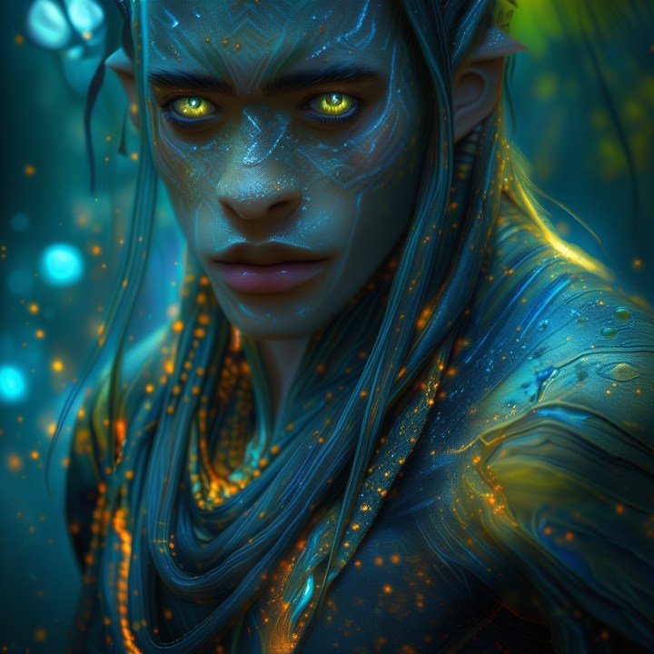A close-up portrait of a fantastical character with glowing yellow eyes and intricate blue patterns on their skin, set against a backdrop of shimmering lights and a lush, ethereal environment.