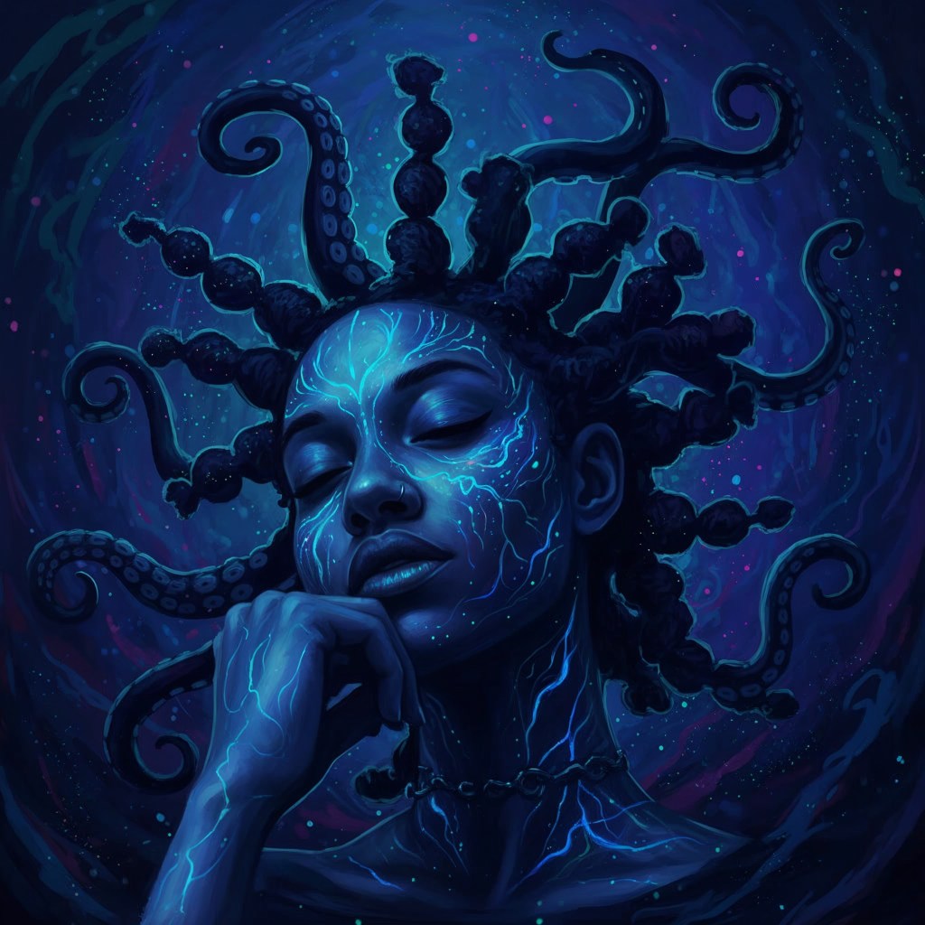 A fantasy illustration of a serene woman with octopus-like hair and blue glowing patterns on her skin, set against a dark, cosmic background.